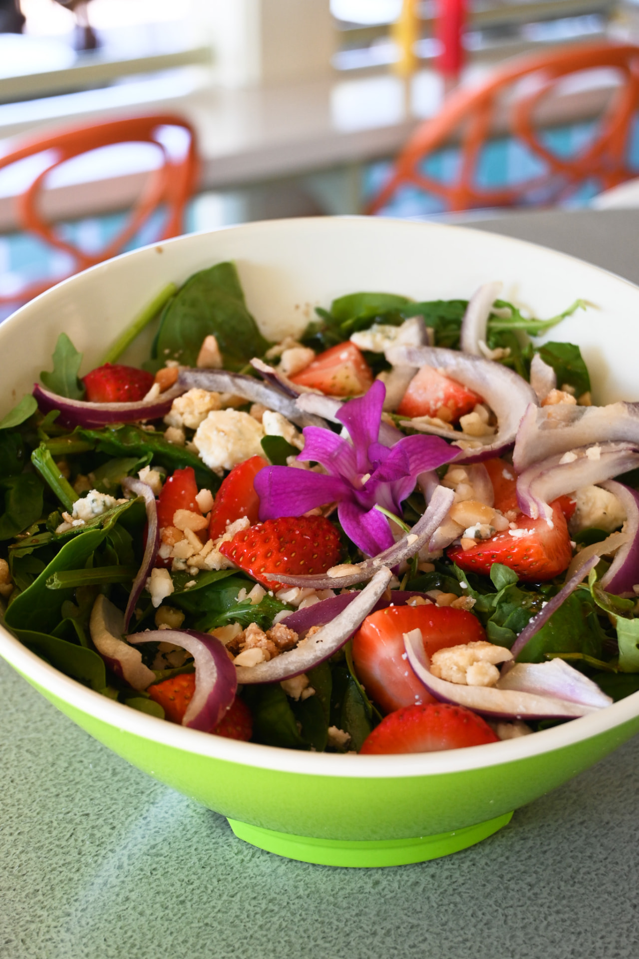 Strawberry, arugula and macadamia nut salad with blue cheese and orchid