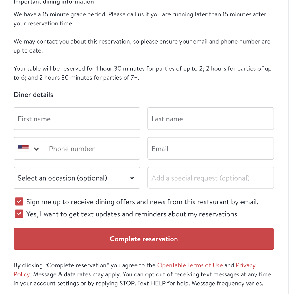 OpenTable reservation form showing the checkbox for text updates and reminders about reservations