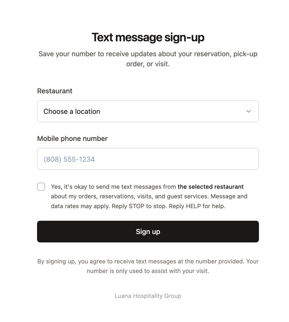 Luana Hospitality Group online SMS signup form showing the restaurant selector, mobile number field, unchecked consent checkbox, disclosures, and Save my number button